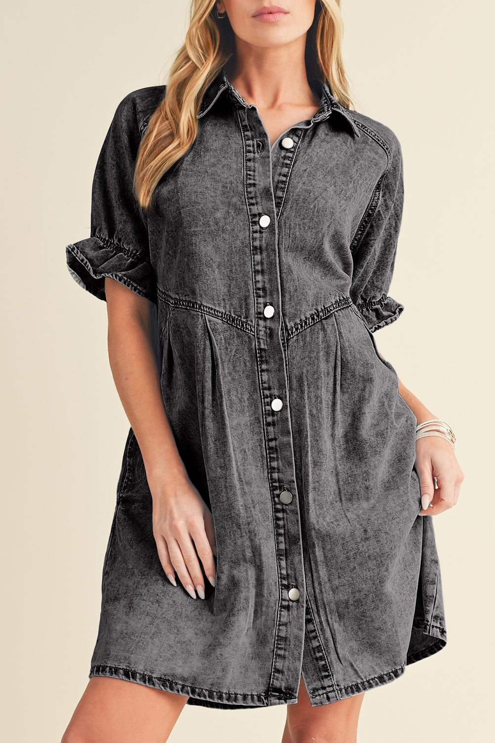 Blue Mineral Washed Ruffled Short Sleeve Pocketed Denim Dress - Cowaa