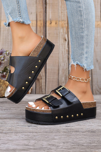 Chestnut Dual Buckle Studded Vintage Platform Sandals