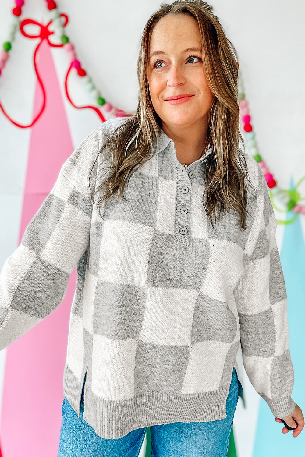 Gray Plus Size Checkered Pattern Button Polo Collar Split Sweater