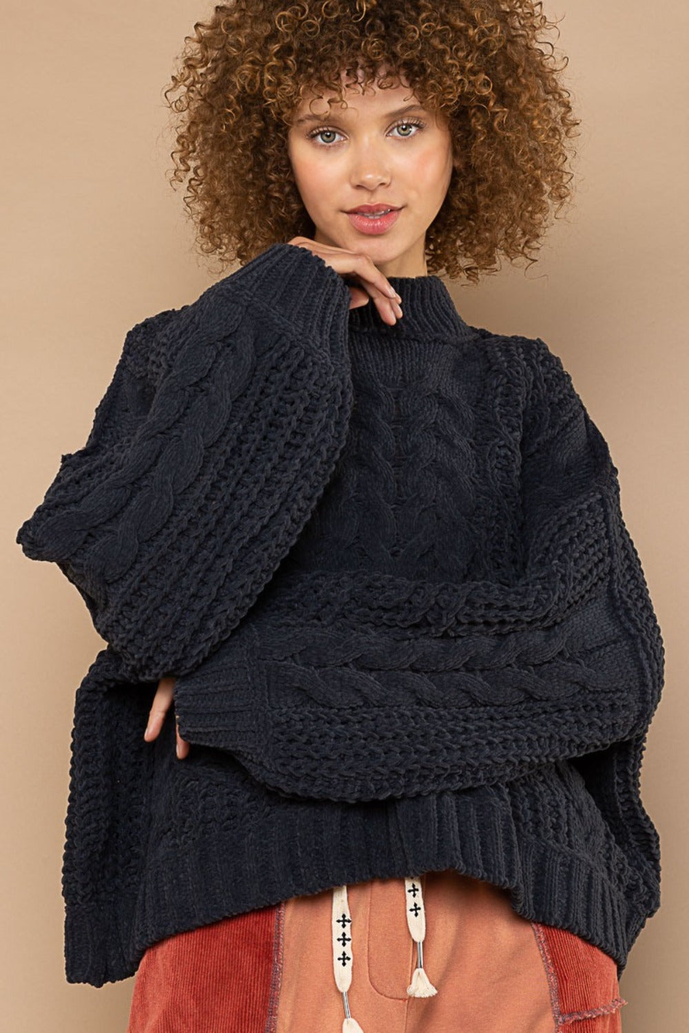 Charcoal Mock Neck Cable Knit Sweater