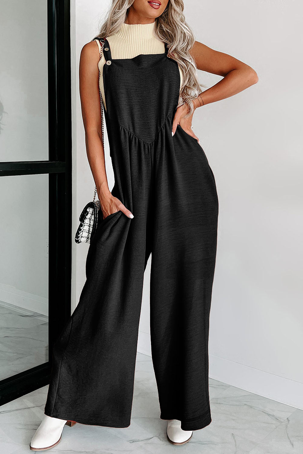 Black Textured Adjustable Straps Ruched Wide Leg Jumpsuit