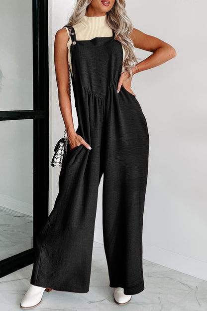 Black Textured Adjustable Straps Ruched Wide Leg Jumpsuit