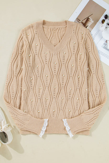 Smoke Gray Pearl Beaded Pointelle Knit V Neck Lace Patchwork Sleeve Sweater