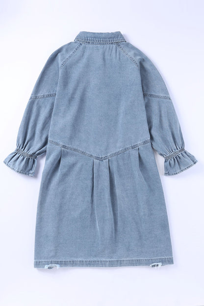 Gray Casual Buttoned Ruffle Cuffs Denim Short Dress