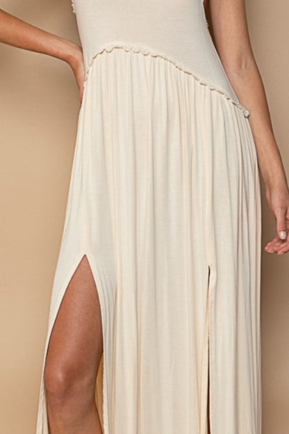 Cream Sleeveless Back Zipper Front Slit Maxi Dress