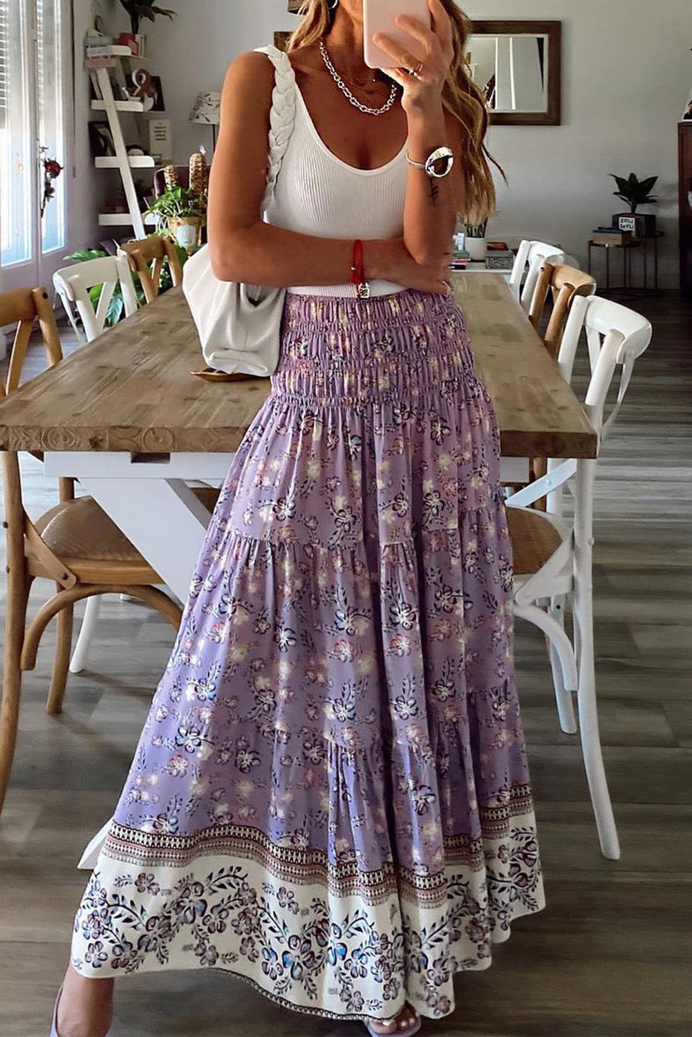 Purple Floral High Waist Maxi Skirt