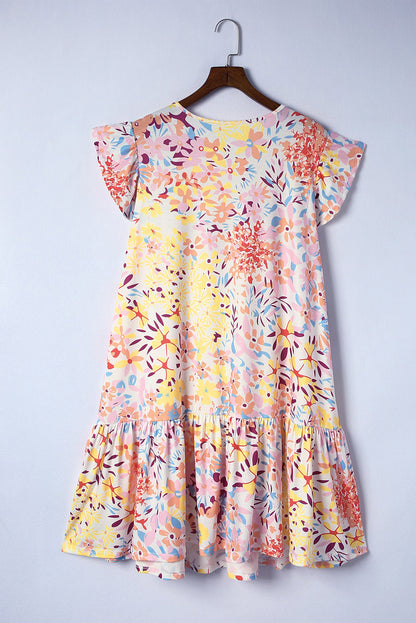 Vestido de talla grande de manga corta con volantes y estampado floral multicolor