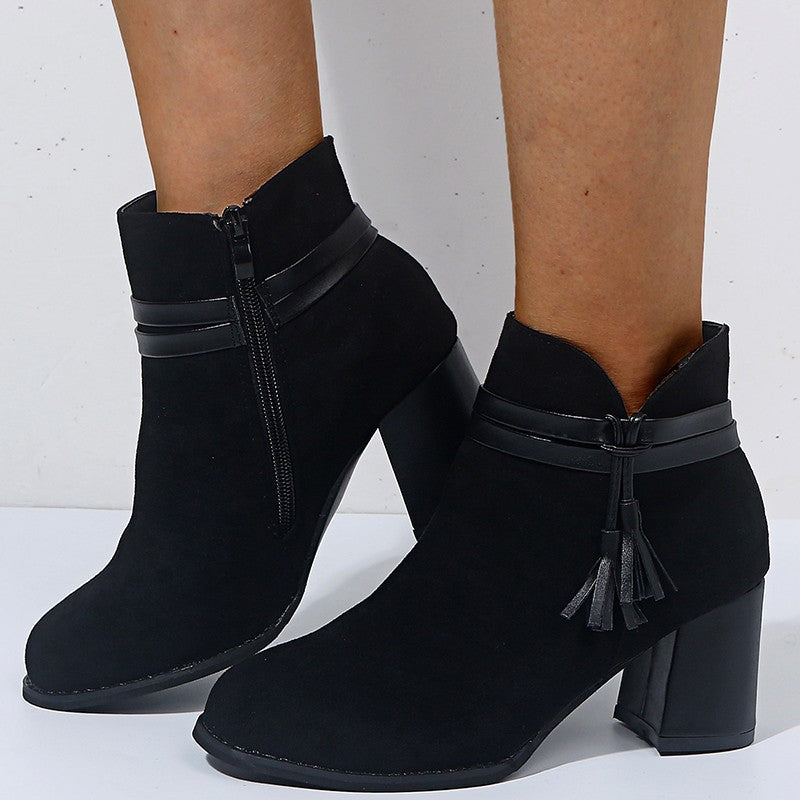 Round Toe Belt Buckle Thick Heel Boots