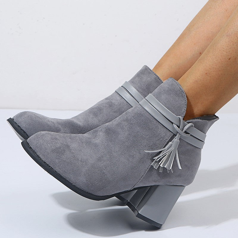 Round Toe Belt Buckle Thick Heel Boots