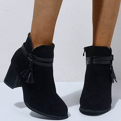 Round Toe Belt Buckle Thick Heel Boots