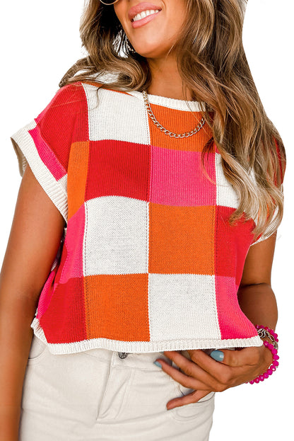 Fiery Red Checkered Color Block Cap Sleeve Knitted Top