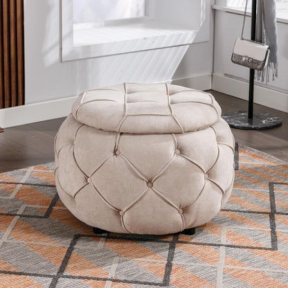 Beige Large Button Tufted Woven Round Storage Footstool