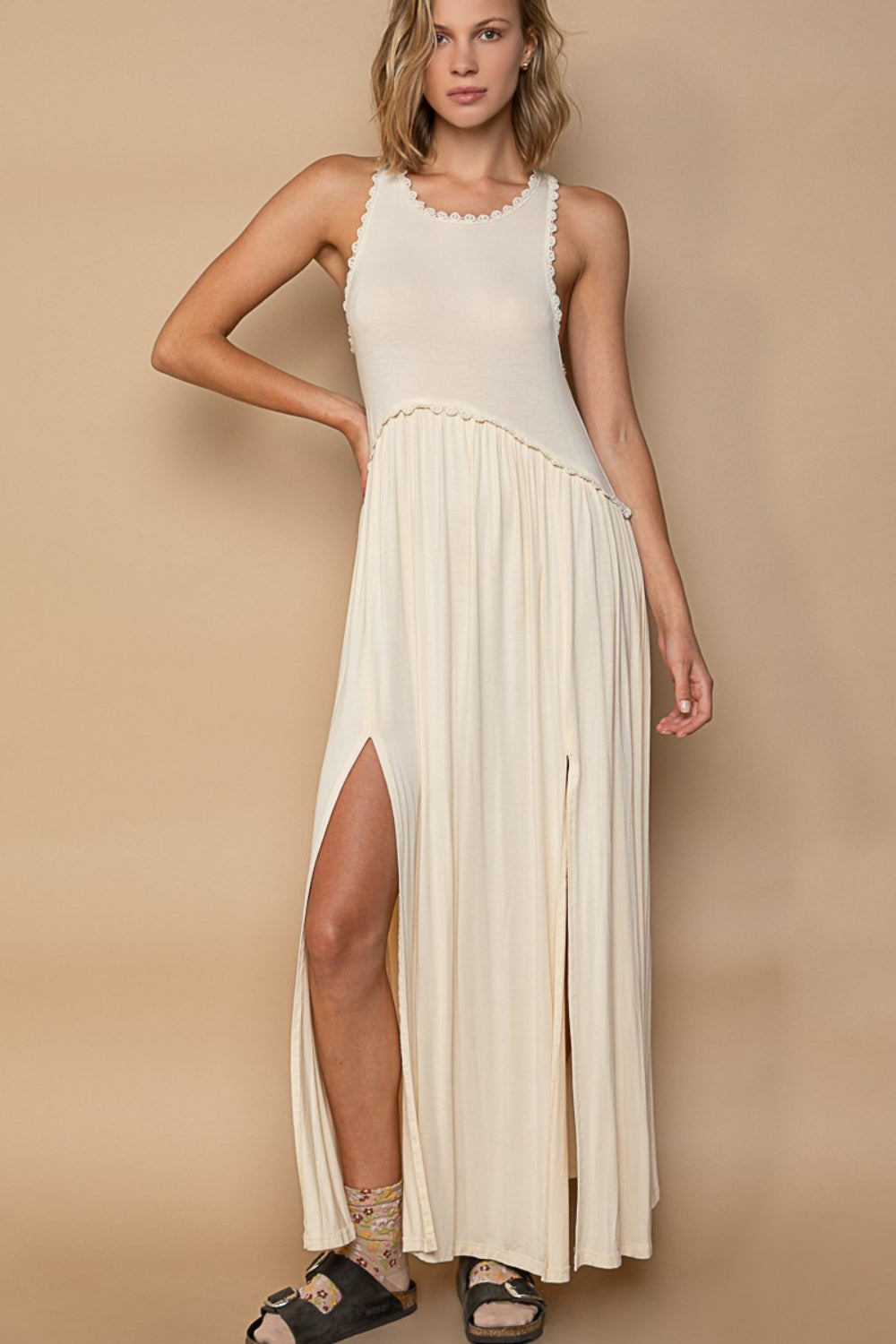 Cream Sleeveless Back Zipper Front Slit Maxi Dress