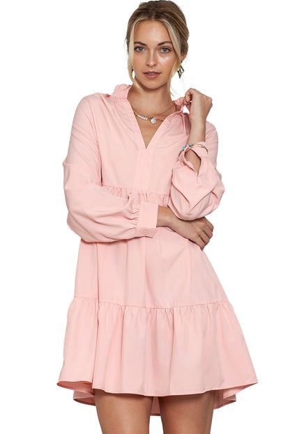 Pink Elegant Stand V Neck Short Frill Dress