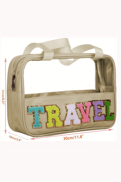 Bolsa de maquillaje de PVC transparente con letras de chenilla de TRAVEL negra