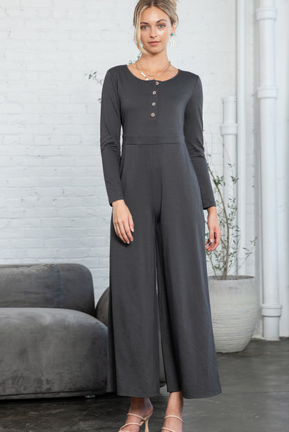 Dark Grey Henley Long Sleeve Wide Leg Jumpsuit with Pockets