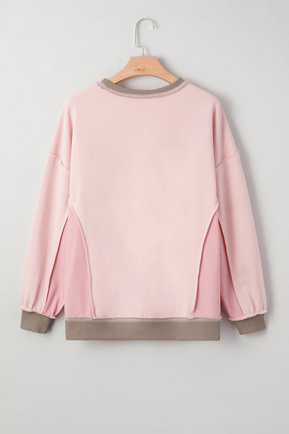 Light Pink Colorblock Waffle Patchwork Oversize Sweatshirt