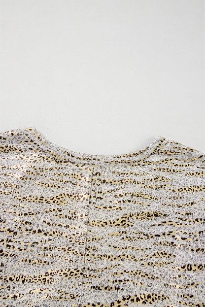 Gray Leopard Print Half Sleeve V Neck Loose Fit T Shirt
