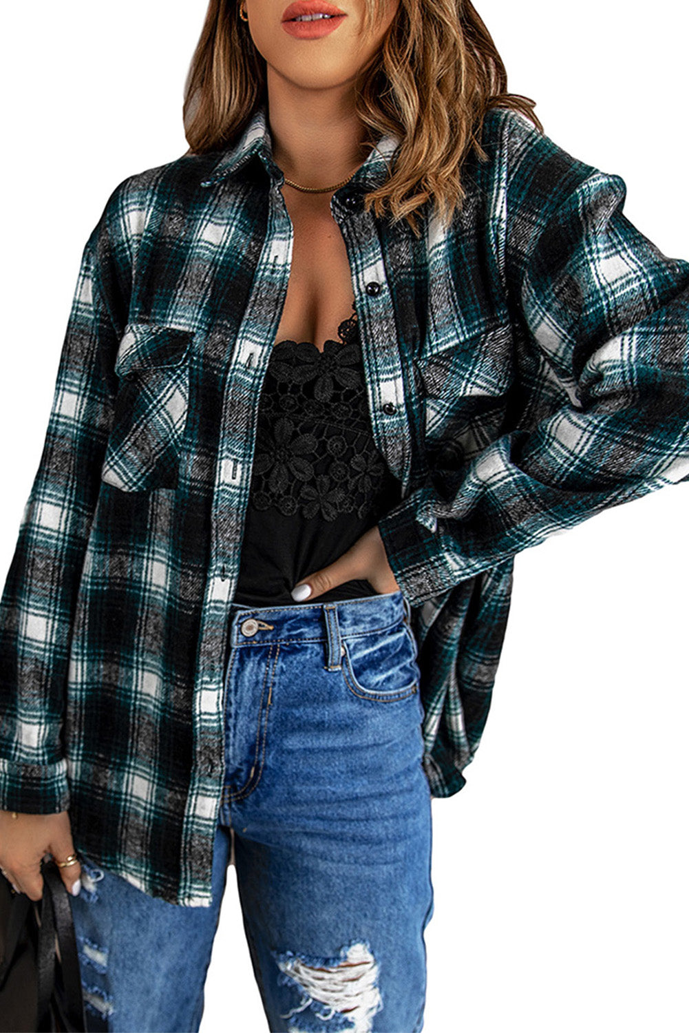 Button Up Collared Flannel Shirt Shacket with Flap Pockets