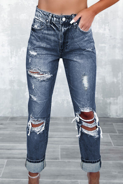 Sky Blue Light Wash Frayed Slim Fit High Waist Jeans