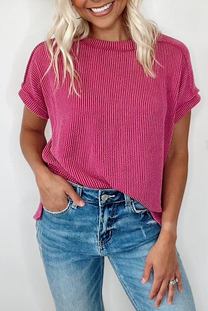 Rose Red Textured Knit Round Neck T-shirt