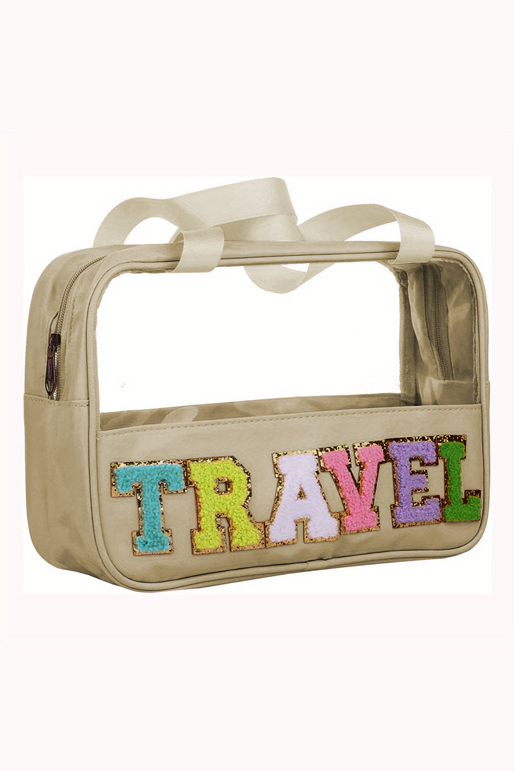 Bolsa de maquillaje de PVC transparente con letras de chenilla de TRAVEL negra