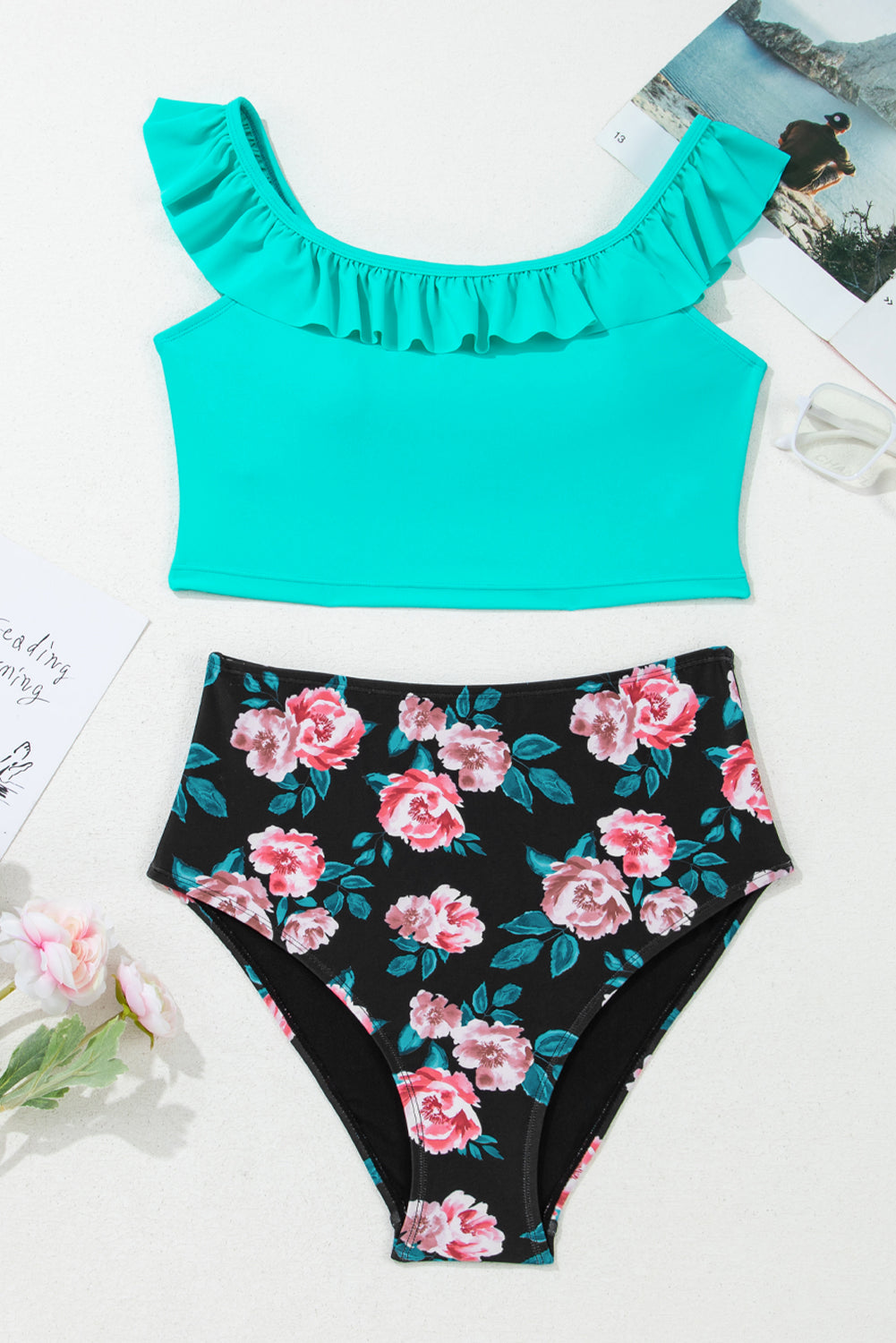 Sea Green Solid Ruffled Square Neck Swim Top and Floral Shorts Bikini Set