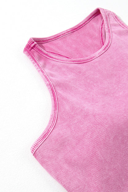 Camiseta sin mangas corta con espalda cruzada y lavado mineral de canalé rosa