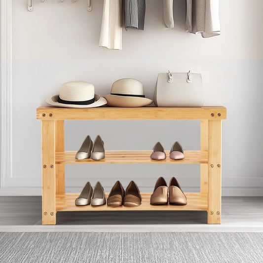Natural 3-Tier Bamboo Shoe Rack Bench