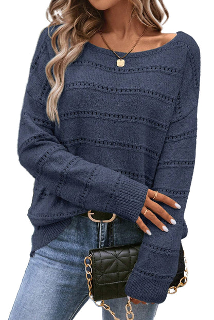 Boat Neck Drop Shoulder Pointelle Knit Sweater