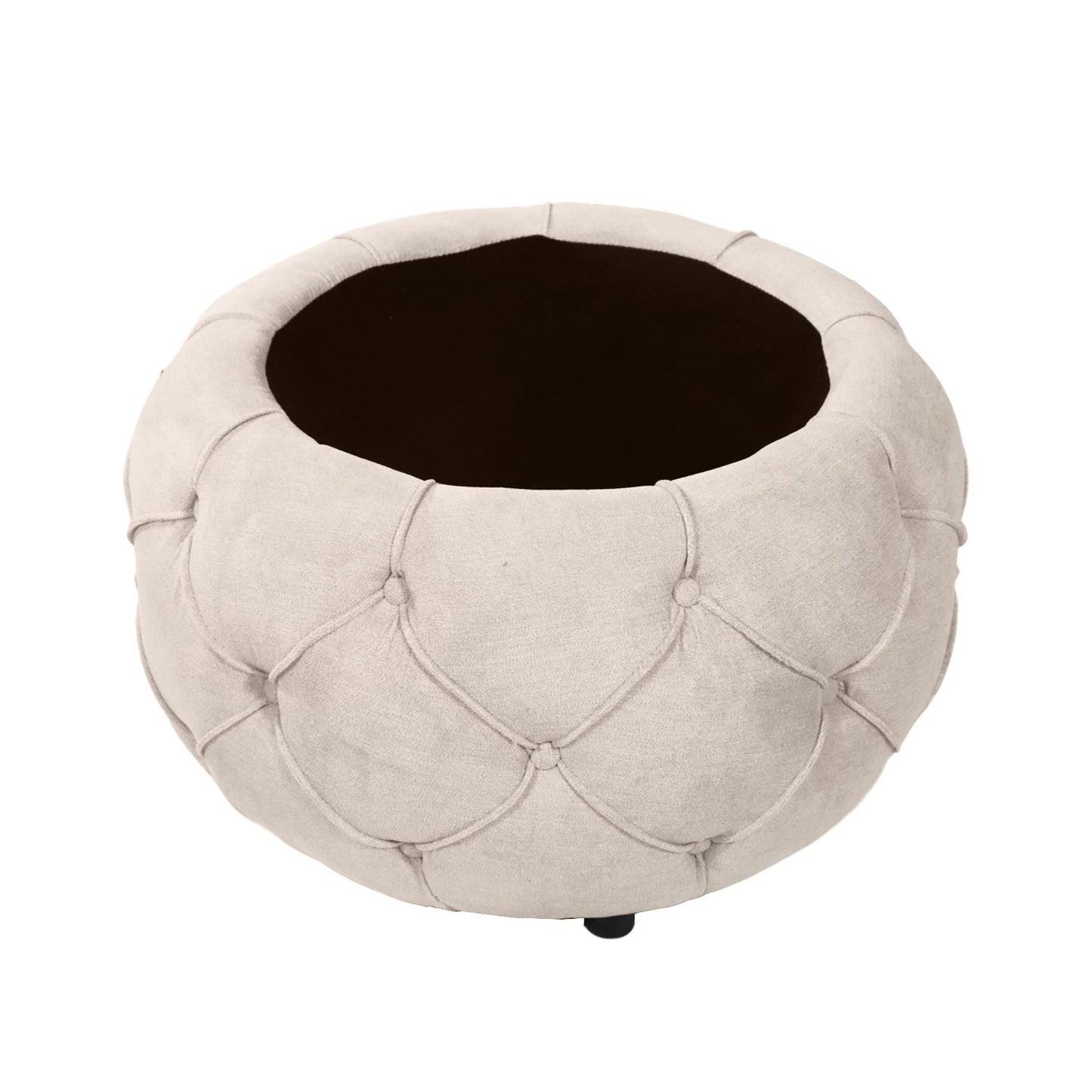 Beige Large Button Tufted Woven Round Storage Footstool