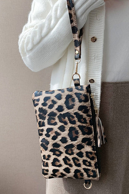 Cartera con cremallera y correa para la muñeca con estampado de leopardo castaño