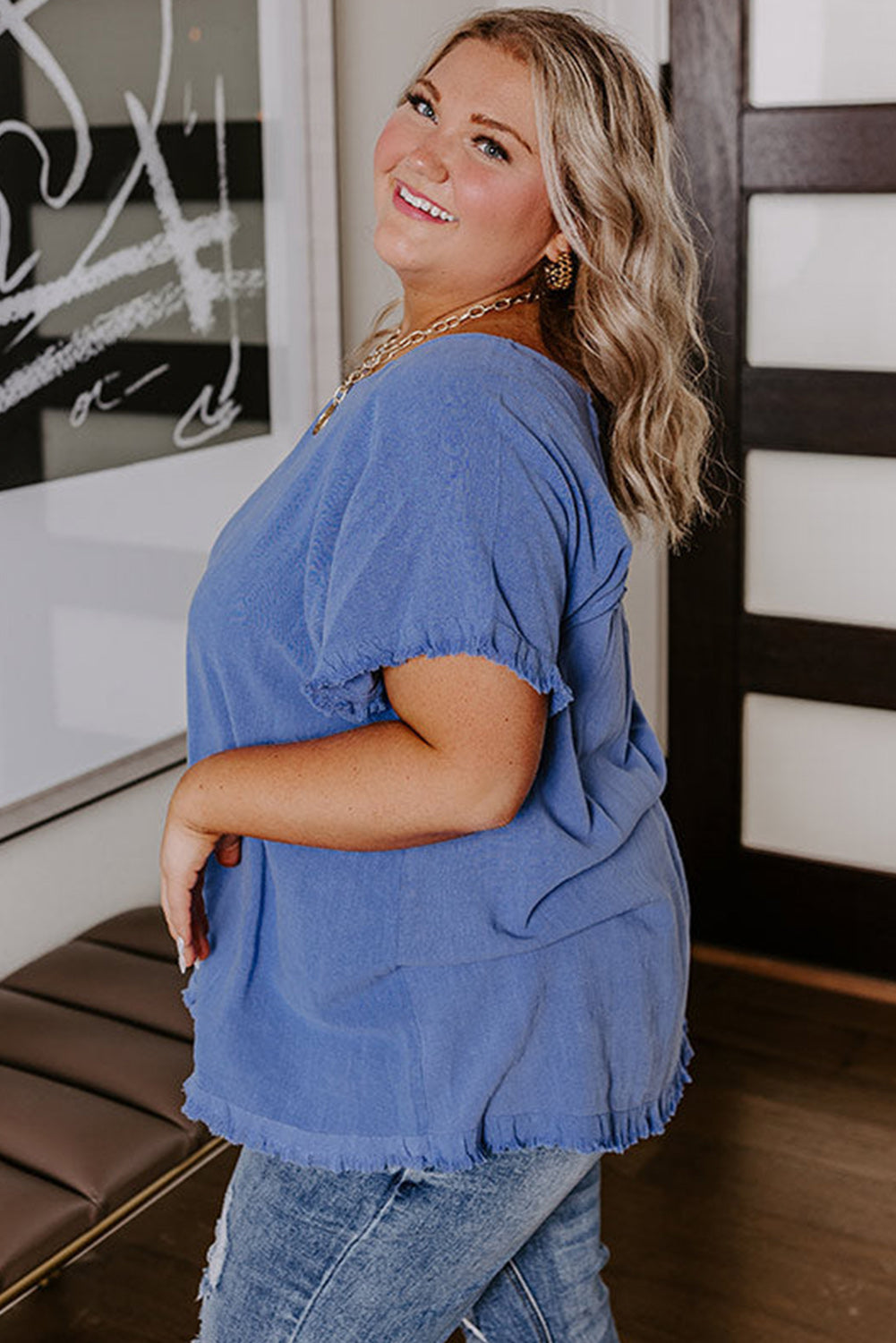 Blue Plus Size Short Sleeve Top