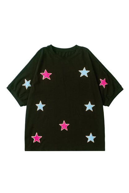 Camiseta de talla grande con estampado de estrellas de chenilla y lentejuelas negras