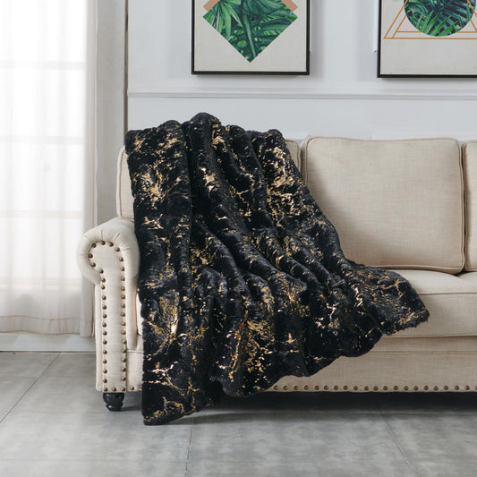 Black Luxury Chinchilla Faux Fur Gilded Throw Blanket