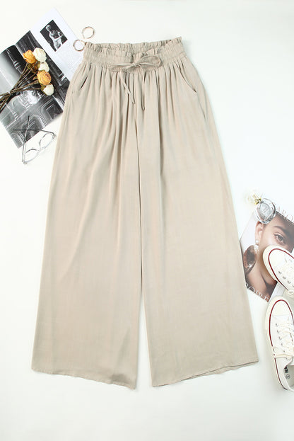 Pantalones anchos de cintura alta con cordón fruncido beige