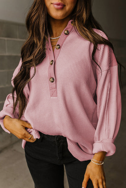 Pink Waffle Patchwork Drop Sleeve Henley Top