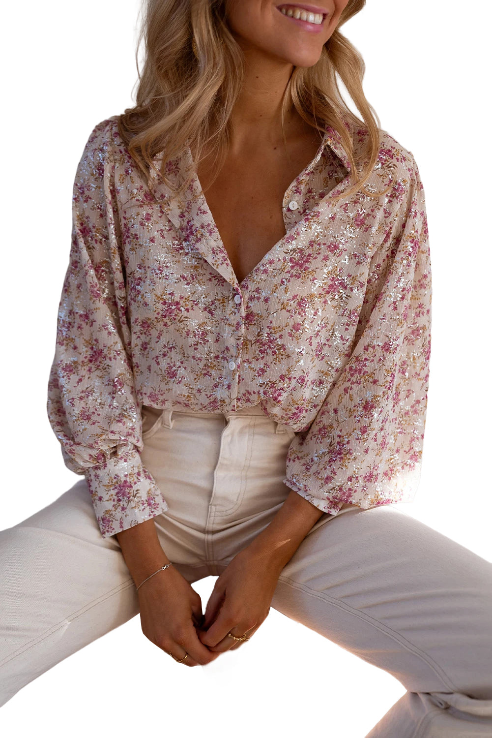 Pink Ditsy Floral Print Bishop Sleeve Collared V Neck Shirt