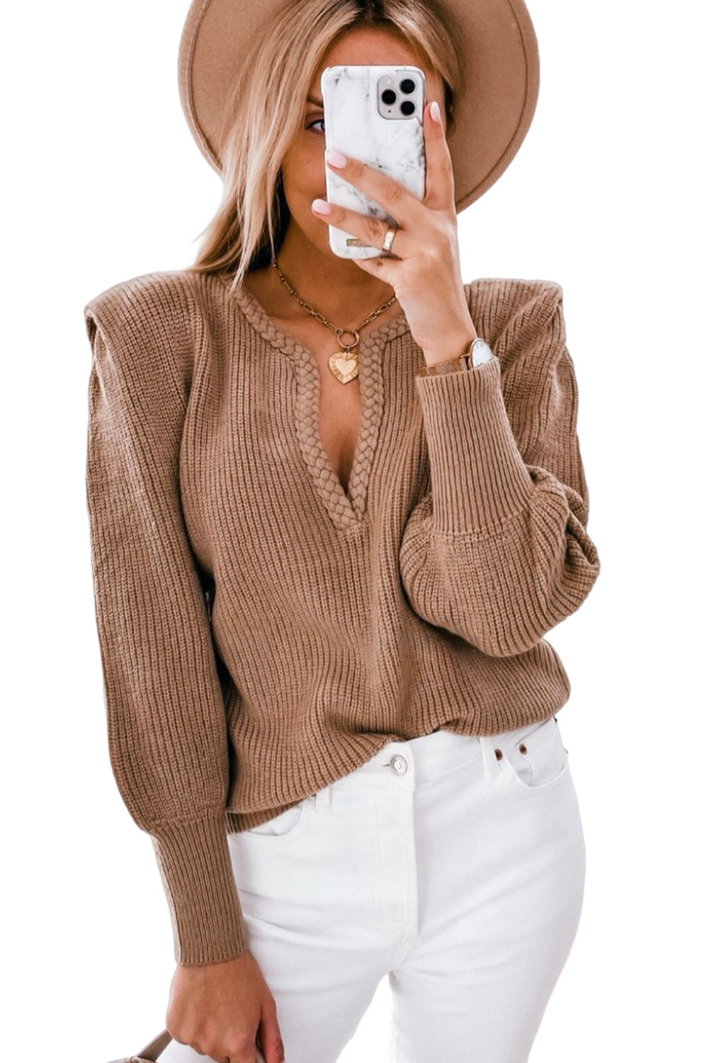 Braided Notched V Neckline Puff Sleeve Knitted Sweater