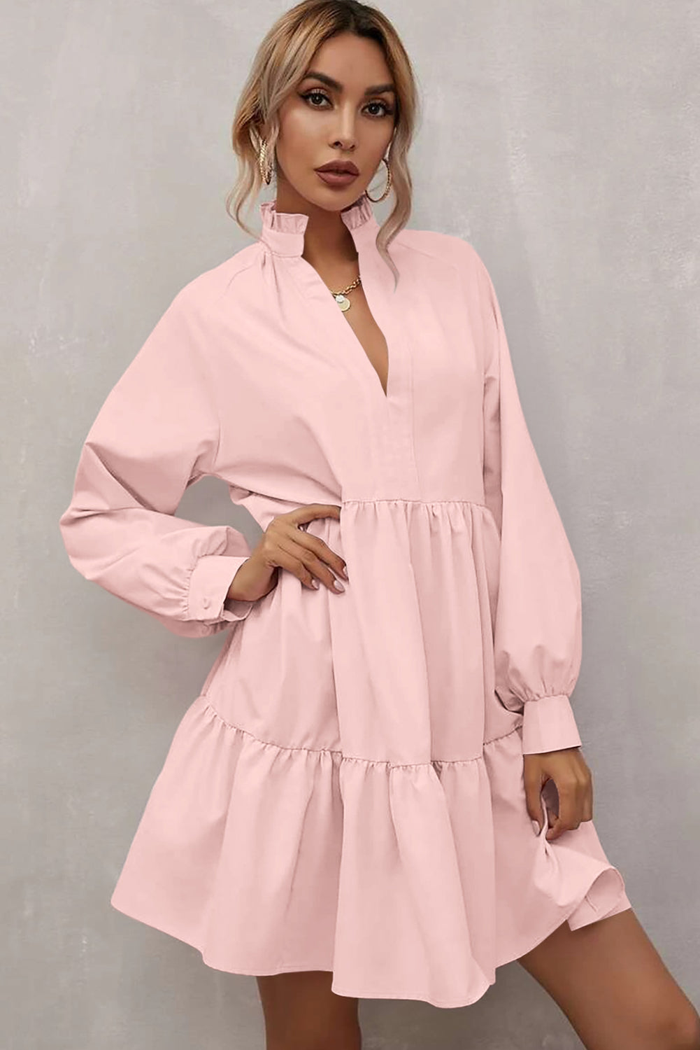 Pink Elegant Stand V Neck Short Frill Dress