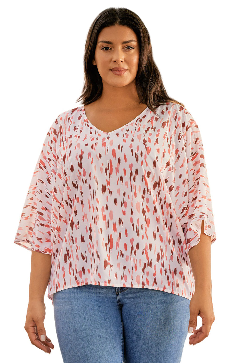 Blusa elegante lunares manga dolman 3/4 talla grande rosa