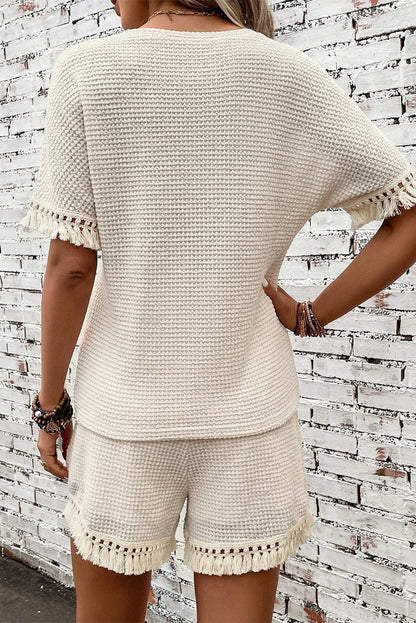 Beige Fringe Trim Waffle Knit Textured Shorts Set