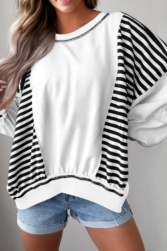 White Stripe Colorblock Patchwork Contrast Stitching Oversize Sweatshirt