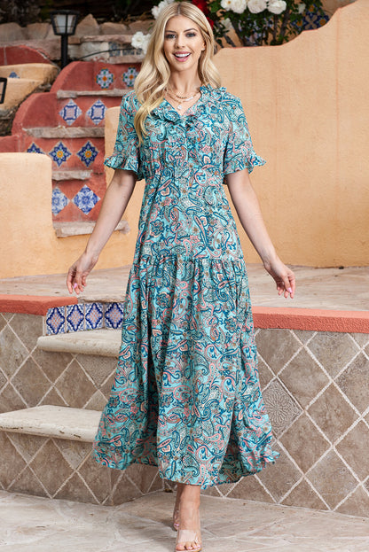 Vestido largo estampado de paisley con cuello en V dividido y escalonado boho azul cielo