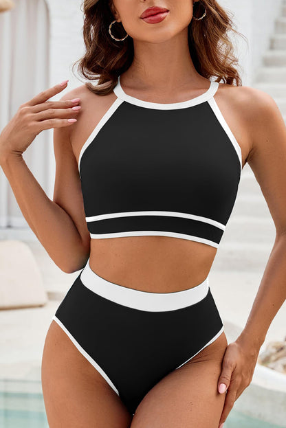 Conjunto de bikini de talle alto con espalda cruzada y ribete en contraste negro