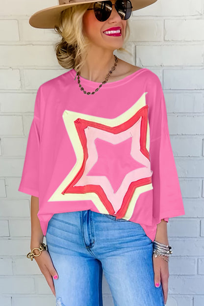 White Colorblock Star Patched Half Sleeve Oversized Tee