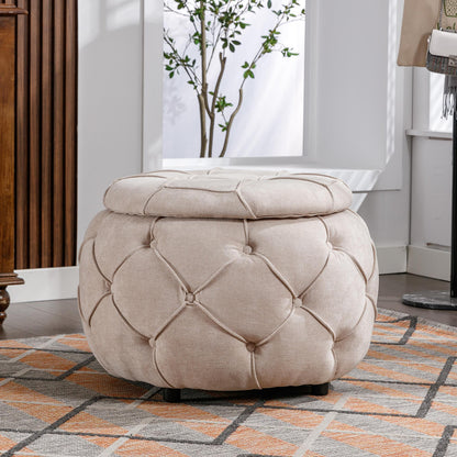 Beige Large Button Tufted Woven Round Storage Footstool