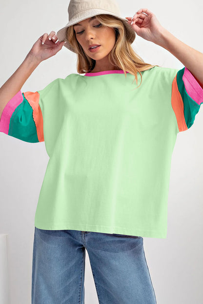 Green Color Block Sleeve Round Neck Oversize Top