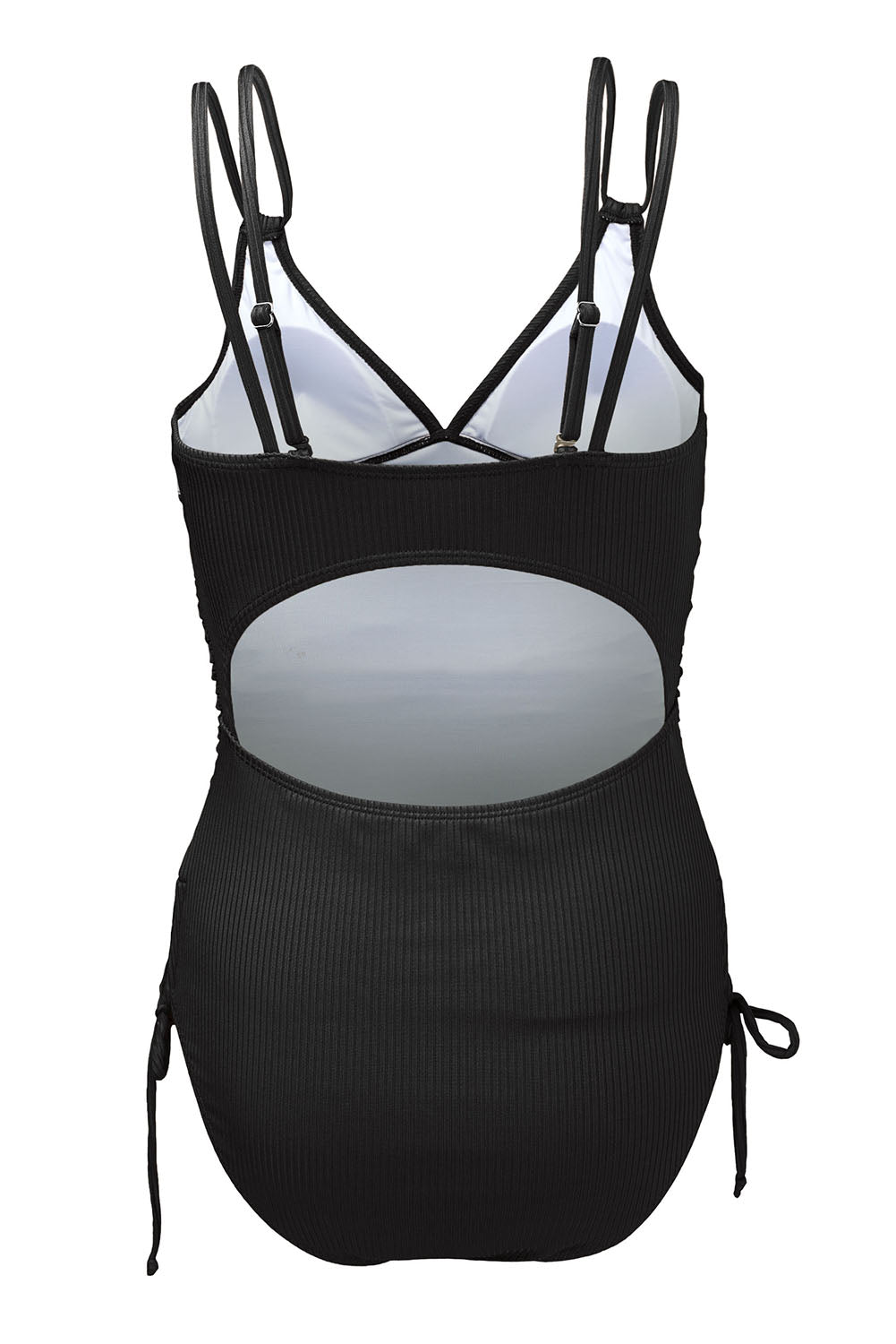 Black Adjustable Straps Ribbed Knit Backless One Piece Swimsuit