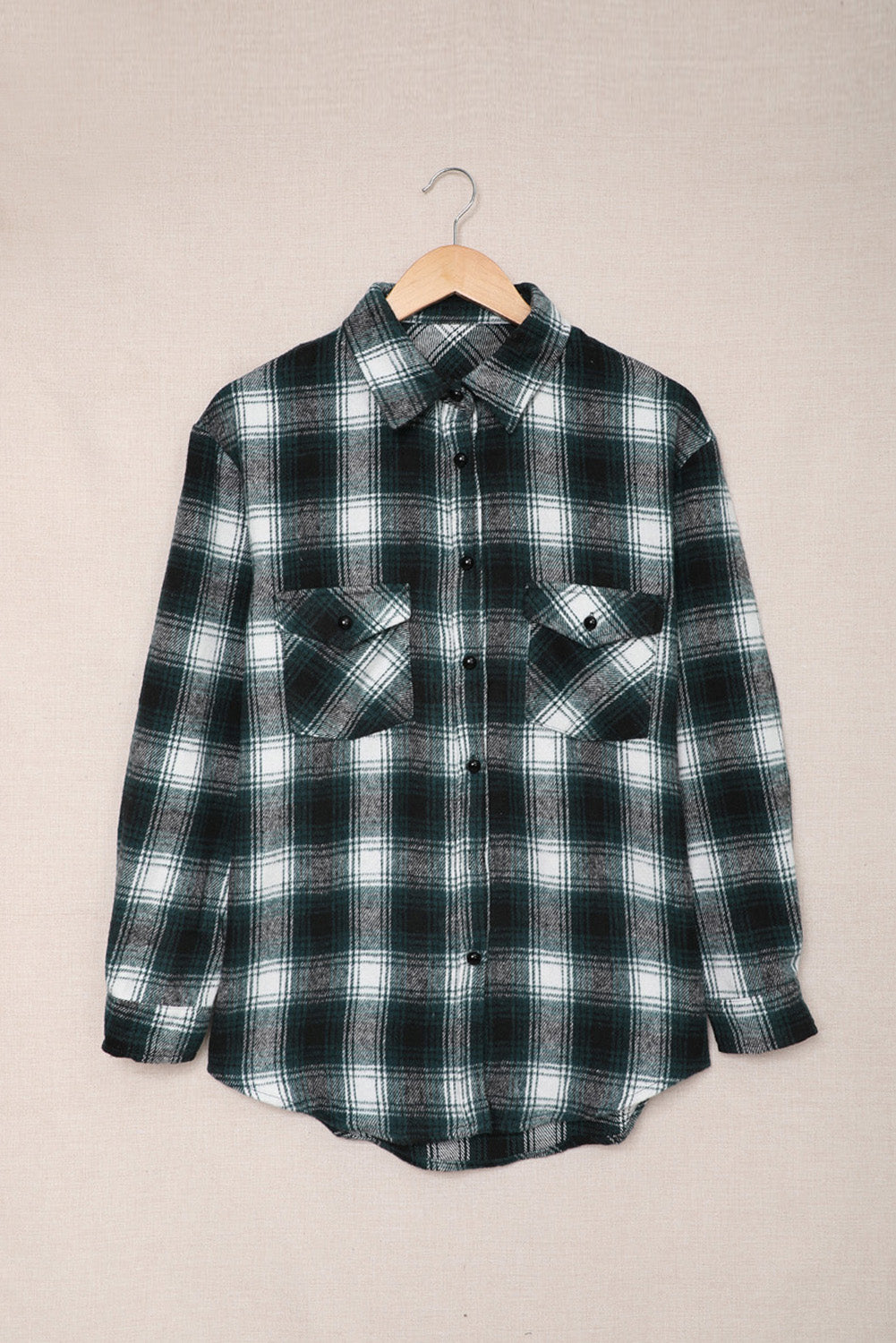 Button Up Collared Flannel Shirt Shacket with Flap Pockets